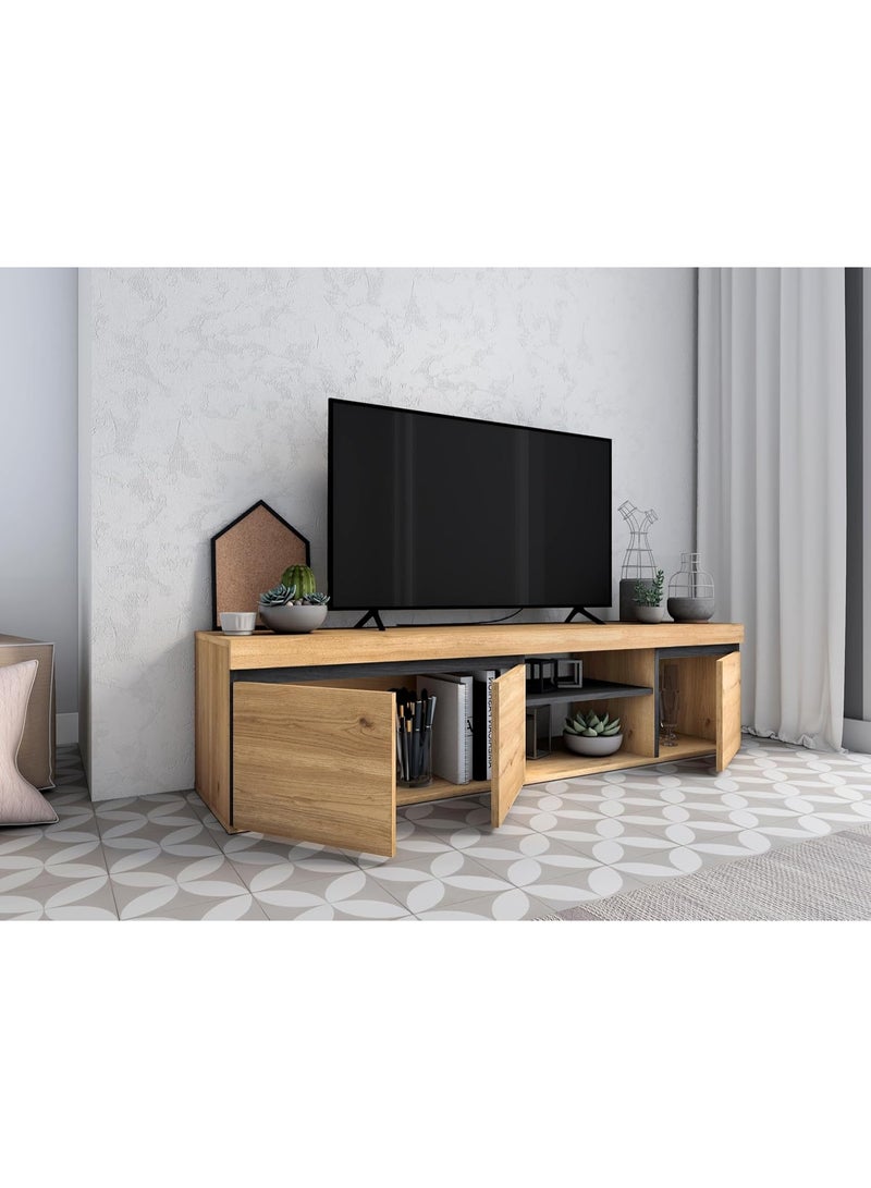 Skraut Home | TV Stand Natural Model | Oak Color/Black | Living Room | TV Stand with Shelves and Storage Cabinets | 160 x 40 x 39.6cm (Naturale 160) - Image 4